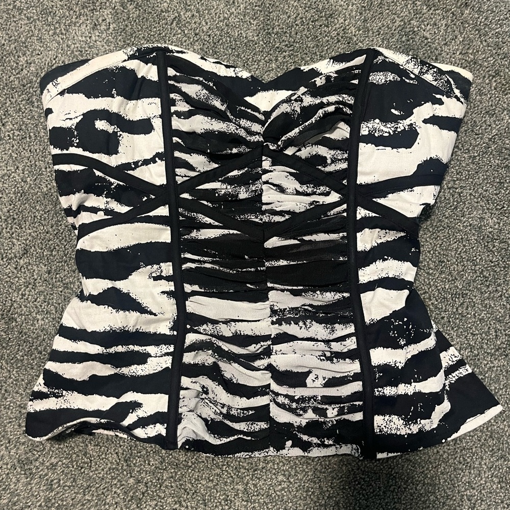 Bebe Black and White Strapless Blouse
